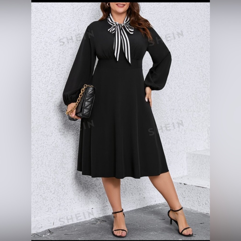 SHEIN Clasi Plus Striped Panel Tie Neck Lantern Sleeve Dress size 1X worn once